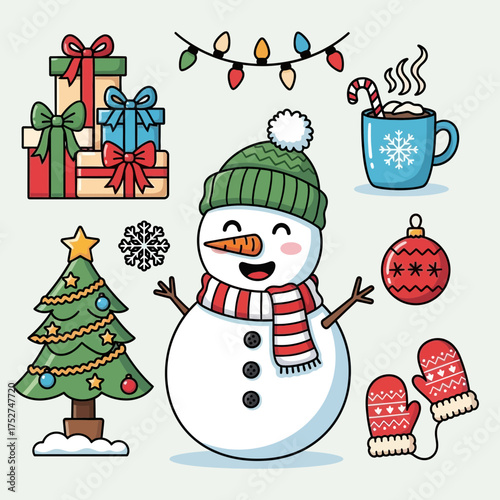 A cheerful snowman surrounded by festive Christmas decorations, including gifts, a tree, lights, and hot cocoa, creating a holiday scene.