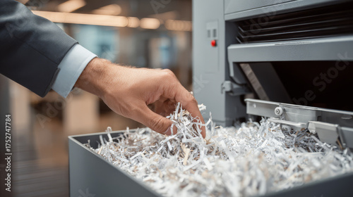 Office shredding action workplace environment document management content organized setting close-up view data security concept