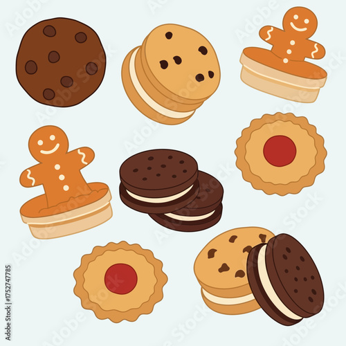 A collection of various delicious cookies, including chocolate chip, sandwich, and gingerbread men, displayed on a light blue background.
