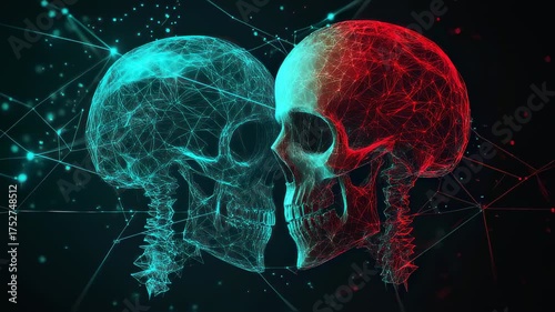 Digital Skull Pair Red and Blue Cyberpunk Aesthetic Animated Video Concept