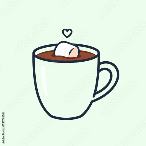 A charming illustration of a white mug filled with rich, hot chocolate, topped with a fluffy marshmallow and a tiny heart above it.