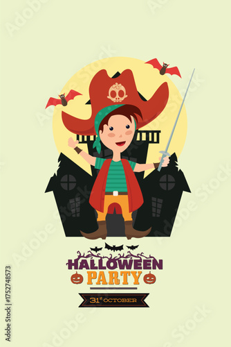 a cartoon pirate with a sword and a halloween party banner