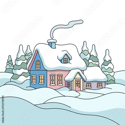 A charming illustration showcases a snow-covered cabin nestled amidst snowdrifts and evergreen trees, evoking a cozy winter scene of tranquility.