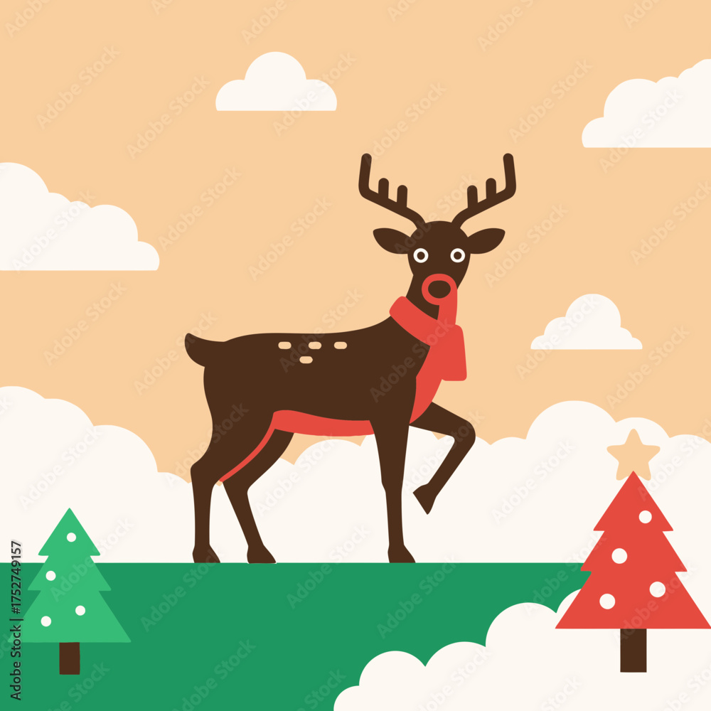 Naklejka premium A charming illustration depicts a reindeer wearing a red scarf, standing proudly amidst Christmas trees and fluffy white clouds in a whimsical winter scene.