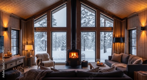 Cozy Scandinavian Living Room With Large Windows Overlooking a Snowy Forest Landscape