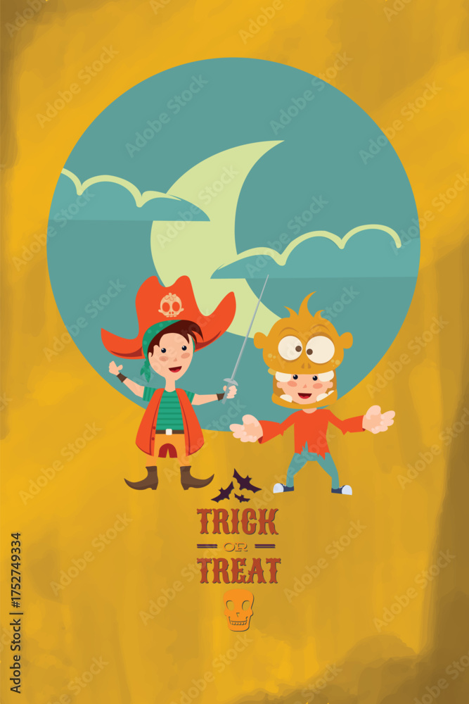 Fototapeta premium halloween two kids dressed as pirates and a witch are standing next to each other