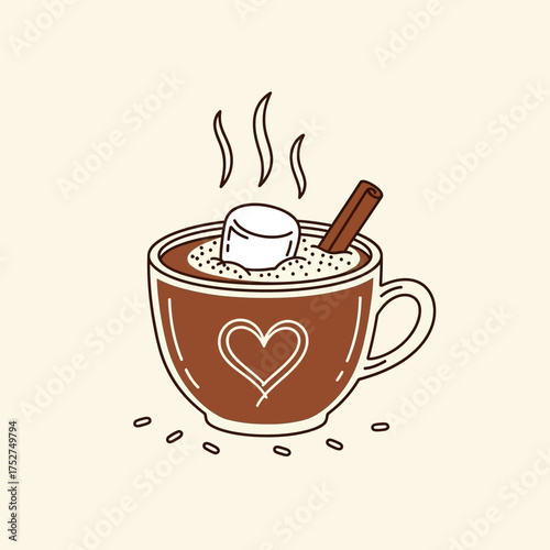 A warm and inviting illustration of a cozy cup of hot cocoa with a marshmallow and cinnamon stick, perfect for winter.