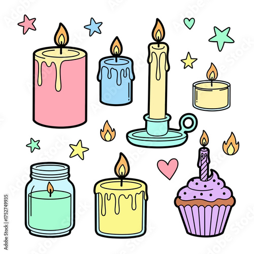 A collection of various colorful candles and a cupcake with a candle, perfect for celebrations and festive occasions.