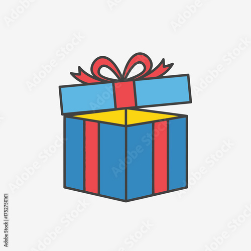A vibrant illustration showcases an open blue gift box adorned with a red ribbon, symbolizing surprise and celebration on a plain white background.