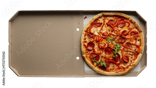 Pepperoni pizza with bell peppers and arugula in open carton box on transparent background