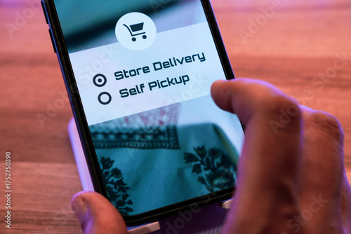 Online customer chose store delivery option over self pickup during online shopping. E-commerce marketing sales strategy concept.