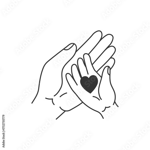 Parent and Child Palms Holding Heart Illustration. Cute vector line art of adult and baby hands with love symbol inside - safety, care, fatherhood, motherhood and compassion sign