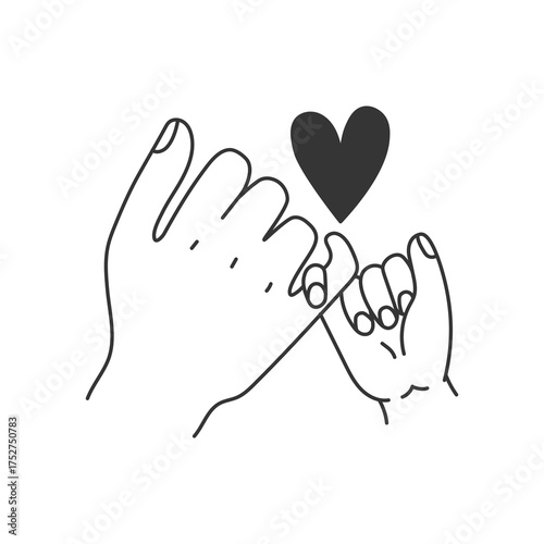 Parent and Child Pinky Promise Line Art. Minimal hand drawn gesture sketch of connection between adult and baby - symbol of loyalty, trust, and love. Vector illustration
