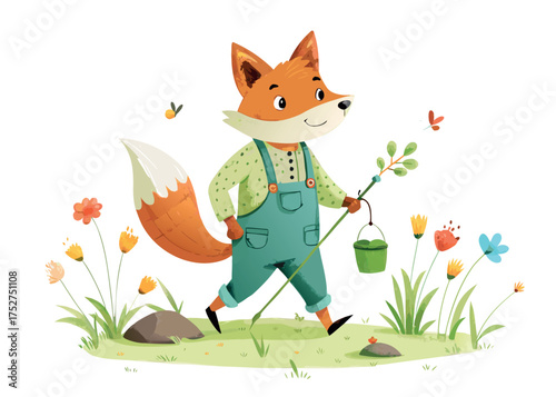 Watercolor illustration of a fox in overalls carrying a sapling isolated on white background