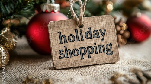 Festive Holiday Shopping Tag with Christmas Ornaments and Decorations.