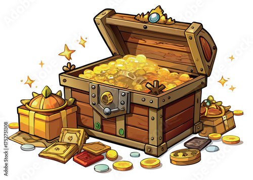 An overflowing treasure chest with gold coins and jewels isolated on white background, a symbol of wealth and prosperity