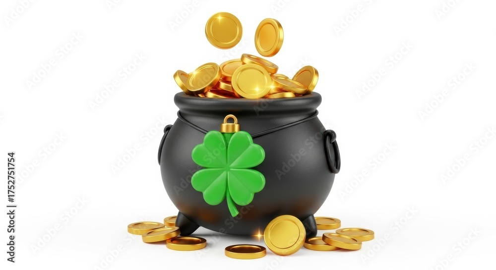 Naklejka premium A charming black pot filled with golden coins a lucky four leaf clover good fortune