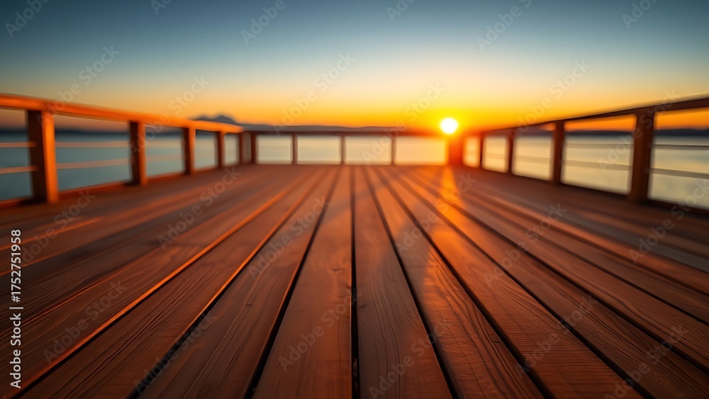 Fototapeta premium A wooden deck stretches toward the horizon, bathed in warm sunset light with a soft glow.