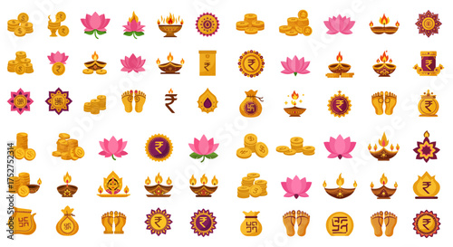 Prosperity and Wealth Icon Set for Diwali in Flat Design