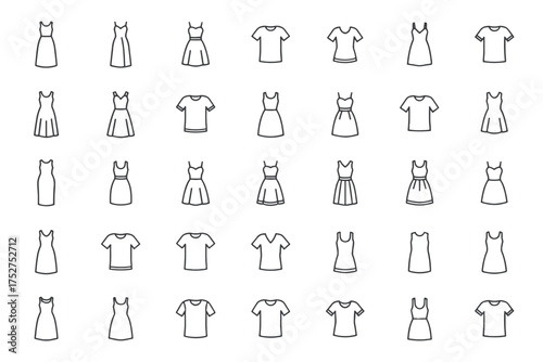Women's clothes line icon set. Fashion apparel, dress, t-shirt collection. Casual tee, sundress, top. Wardrobe essentials for boutique or online store vector symbols.