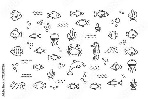 Marine life doodle set with fish, dolphin, seahorse, crab, jellyfish. Cute cartoon underwater seamless pattern. Ocean animals, seaweed, waves vector line art illustration.