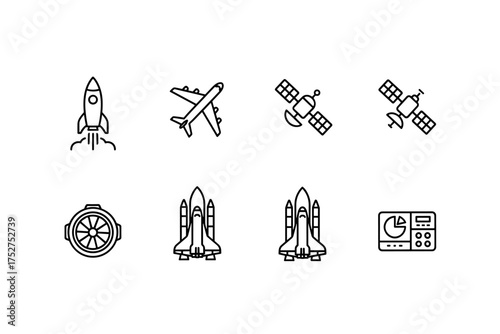Set of aerospace and aviation vector line icons. Rocket launch, airplane, satellite, space shuttle, turbine engine, flight control panel symbols. Aviation technology and space exploration concept.