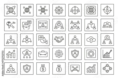Business management, global communication, and finance vector line icon set. Icons for corporate strategy, teamwork, network, security, cloud computing, and company growth.