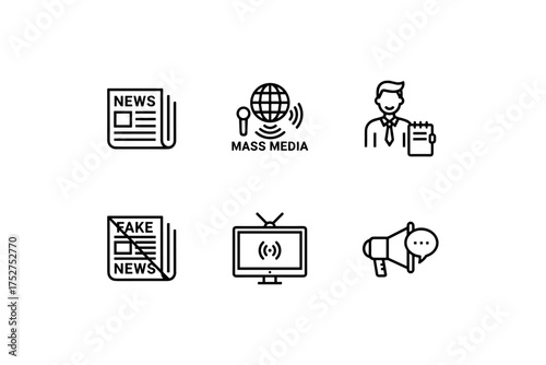 Mass media journalism vector icon set. Includes newspaper, reporter, fake news, TV broadcast, global communication, and megaphone. Outline symbols for press and information.