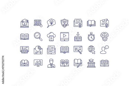 E-learning and online education line icons set. Vector collection for distance learning, knowledge, webinar, university course, graduation, and training. Digital library, certificate.