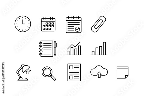 Business line icon set. Office work & productivity symbols. Time management, planning, data analysis, strategy. Clock, calendar, growth graph, report, search, cloud upload.