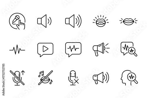 Voice and sound line icon set. Audio speech recognition, record, volume control, mute microphone. Megaphone, speaker, voiceprint analysis and communication symbols vector.