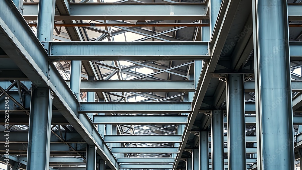 Obraz premium Industrial metal beams forming an abstract geometric composition in a construction setting with cool steel tones.