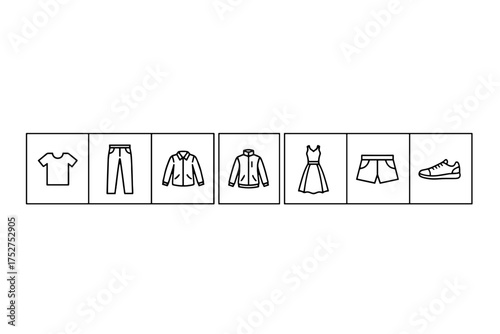 Fashion and clothes apparel line icon set. Vector symbols for laundry, garment care, store, website, or app. T-shirt, pants, jacket, dress, shorts, and shoes. Linear style.
