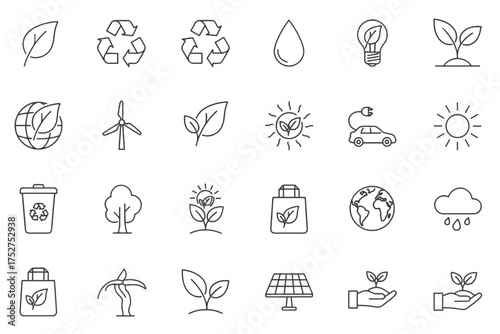 Eco friendly and environment line icon set. Thin line style symbols for sustainability, renewable green energy, nature, recycling and ecology concept vector illustration.