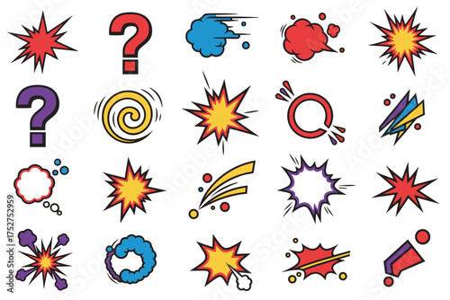 Comic book elements collection. Pop art speech bubbles, cartoon explosion effects, bang and pow sound effects. Retro vector graphic assets for posters and superhero design.