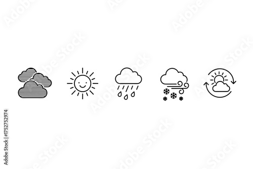 Weather icon set. Thin line art symbols for meteorological forecast. Collection of simple outline pictograms for UI and web design. Sun, cloud, rain, snow, wind icons.