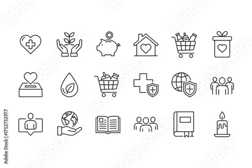 Charity and donation line icon set. Volunteering, help, and community support symbols. Humanitarian aid, fundraising, non-profit, social work and care vector graphics.