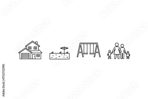 Family life line icon set for real estate and insurance. House with garage, backyard playground with swing set, sandbox, and family pictogram. Happy suburban home concept.