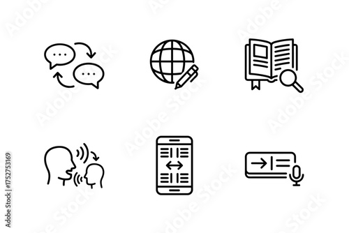 Language translation and communication icon set. Globe, dictionary, speech bubbles, and mobile app for global business. Voice recognition and online learning vector signs.