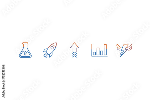 Business growth and startup icon set. Vector line icons for innovation, progress, and success. Rocket launch for boost, data analysis chart, fast energy, and development.