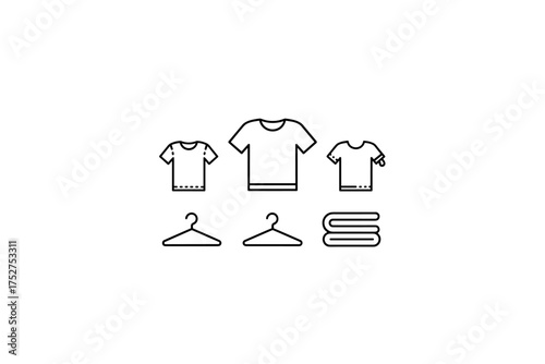 Laundry and clothing vector icon set. T-shirt line art in different sizes, clothes hanger, folded towels. Apparel, garment, wardrobe, retail, fashion, cleaning service concept.
