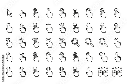 Big vector line icon set of computer mouse cursors and hand gestures. Includes click, tap, swipe, scroll, zoom. For UI, UX, website and app design. Pointer symbol.