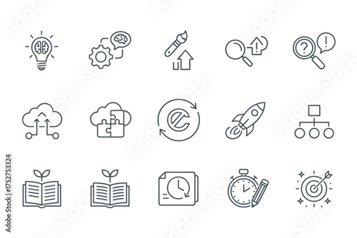 Startup and business development line icon set. Thin icons for innovation, strategy, learning, research, time management, cloud computing, and achieving marketing goals.