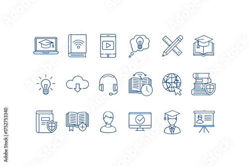 E-learning line icon set. Online education, webinar, distance course, university study, digital school symbols. Pictograms for student, graduation, knowledge, library, tutorial.