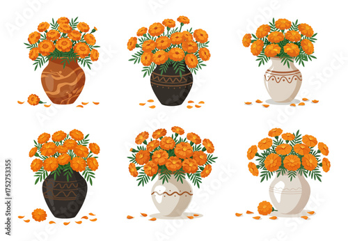 Set of Vibrant Marigold Flower Bouquets in Decorative Vases Floral Arrangements for Celebrations
