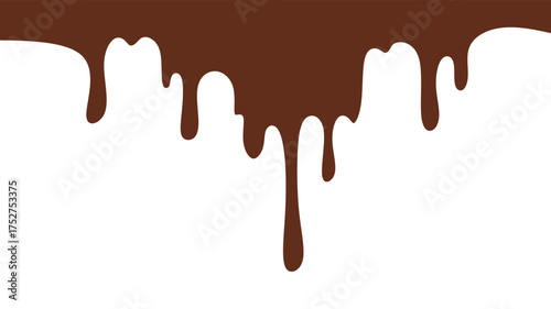 Melted chocolate or syrup drips isolated on a white background. Flowing liquid chocolate border element. A sweet brown syrup or sauce that melts and drips.