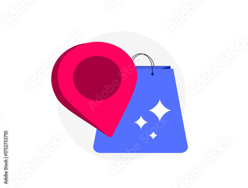 Store location - red map pin icon with sparkling blue shopping bag, enabling geolocated retail discovery and nearby e-commerce navigation for seamless customer experiences. Vector illustration