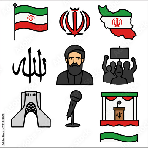 Flat Icon Set Iran National Day Cultural & Political Symbols in Flat Bold Vector Style
