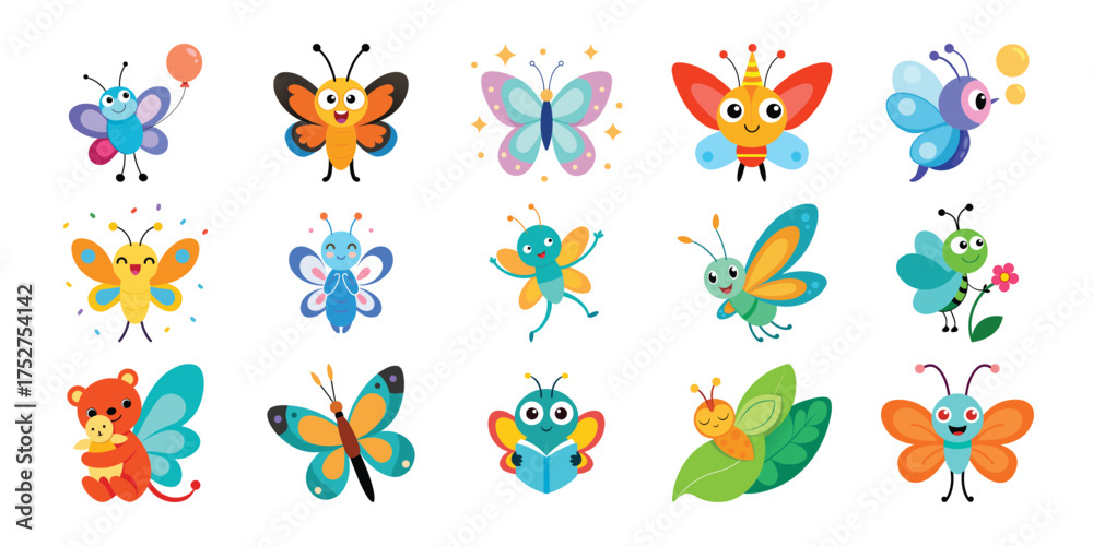 Fototapeta premium Collection of diverse cute cartoon butterflies with whimsical designs and bright colors