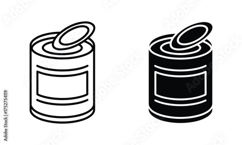 Open Tin Can Icons in Black and White and Solid Black food can opened can